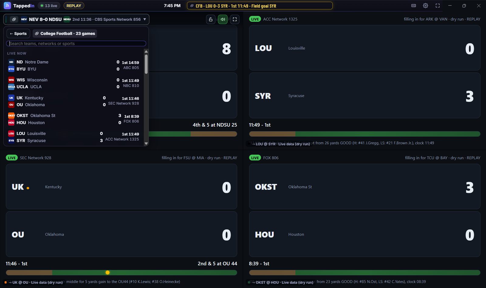 A screen's game list: live games with scores, clocks and channels, and a search box.