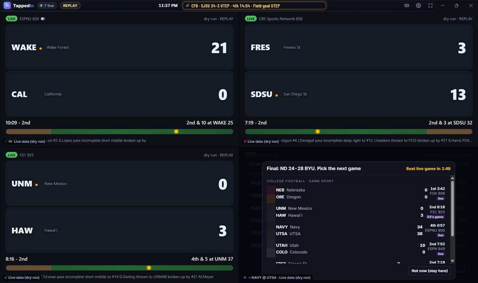 A game-over picker in one screen: Final, Notre Dame 24, BYU 28. Pick the next game, with a list of live games and a countdown to the best one.