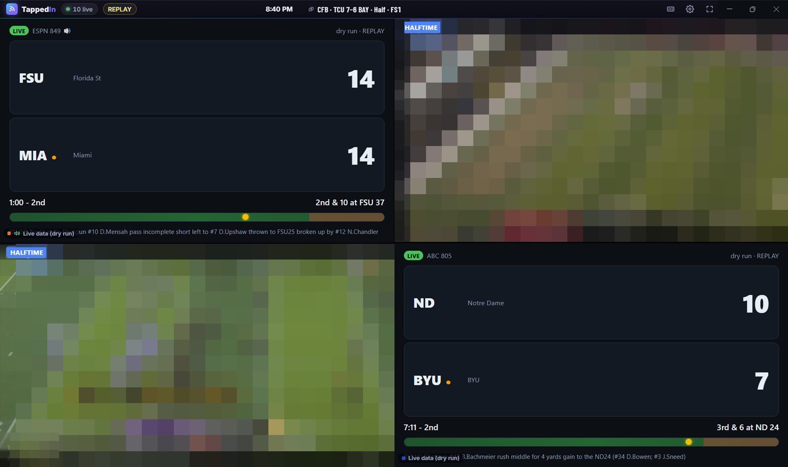 Two screens at halftime playing the highlights reel while two others show live games.