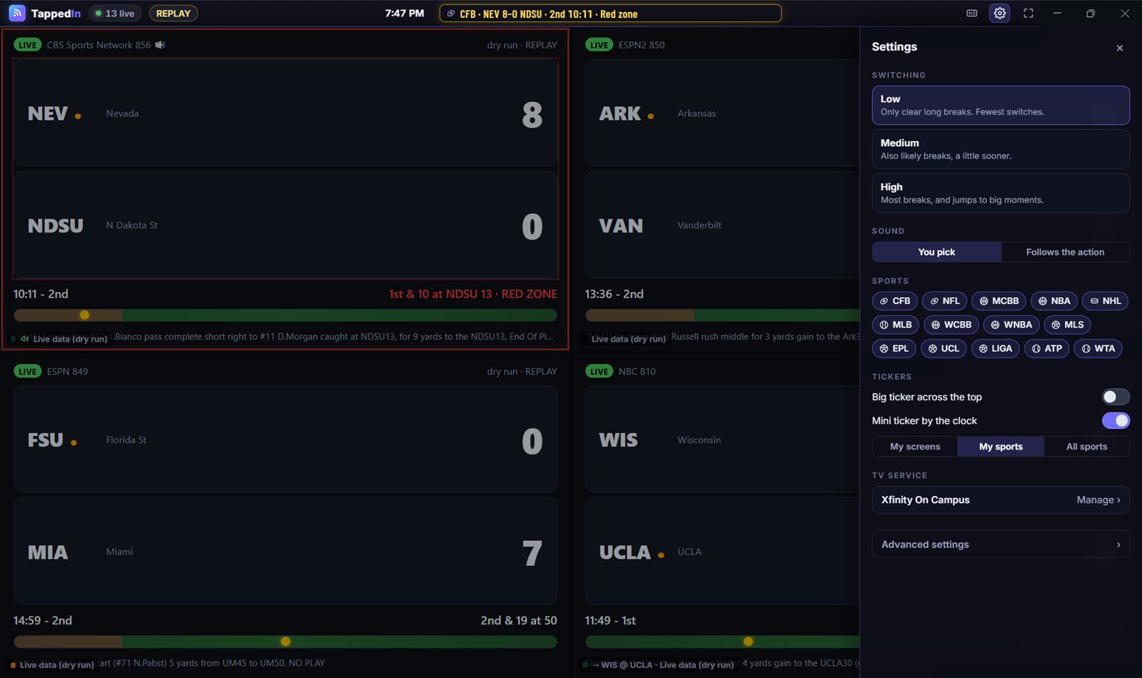 The settings panel: switching sensitivity, sound, the sports you follow, tickers and your TV service.