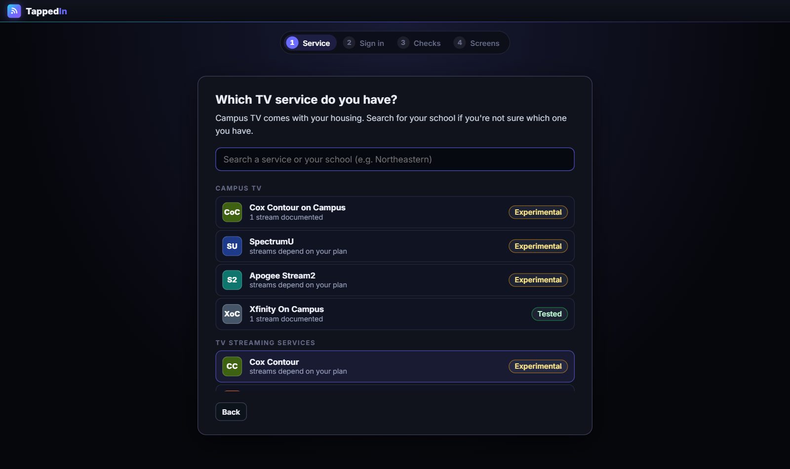 TappedIn's setup screen: pick your TV service, with a search box for your school.