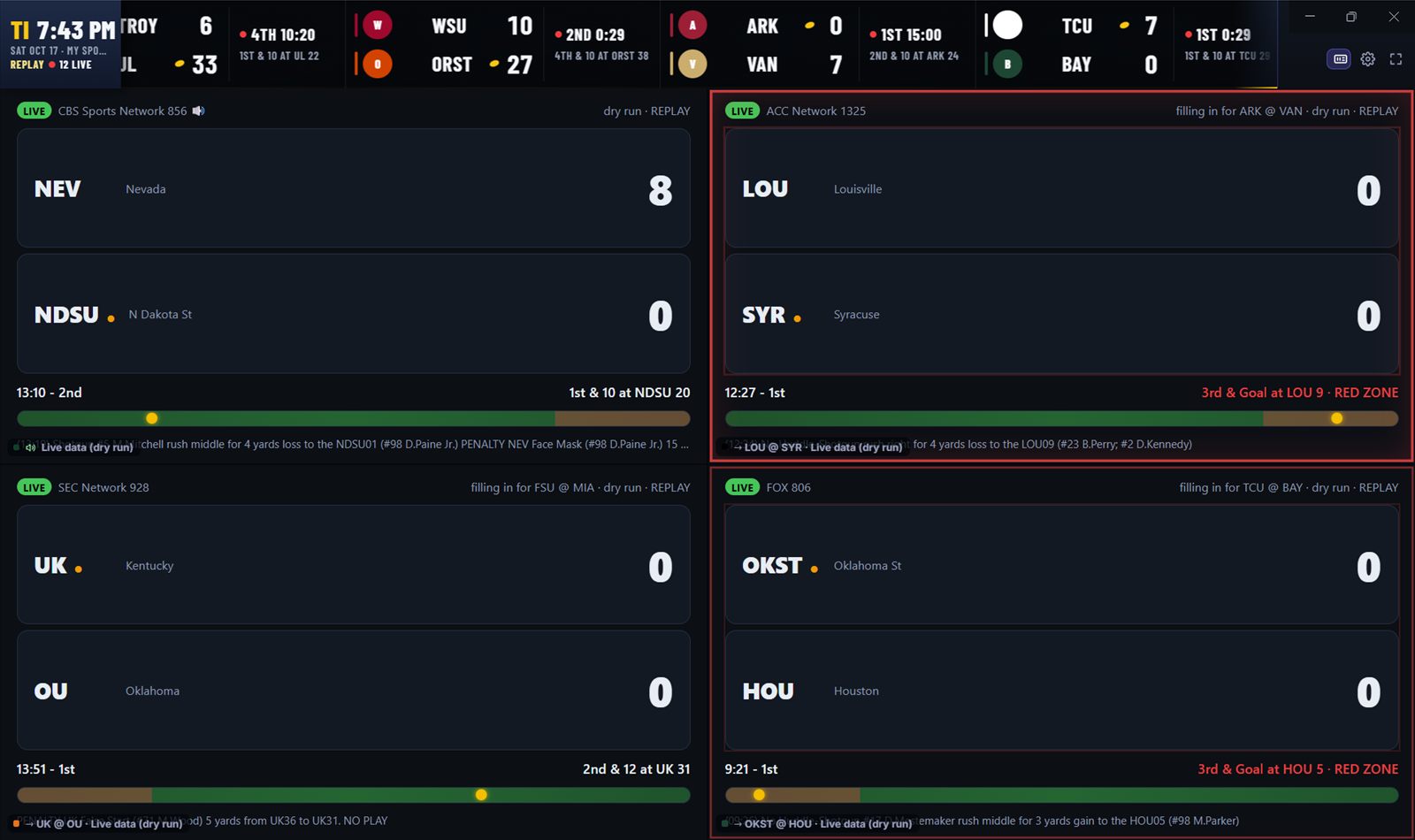 The big ticker across the top with scores, downs and the red zone, over four screens.